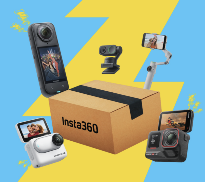 The image features a cardboard box with the text "Insta360" on it, surrounded by various camera devices. These include a 360-degree camera, a small action camera, a smartphone mounted on a gimbal, and a webcam-like device. The background is bright yellow with blue lightning bolt shapes.